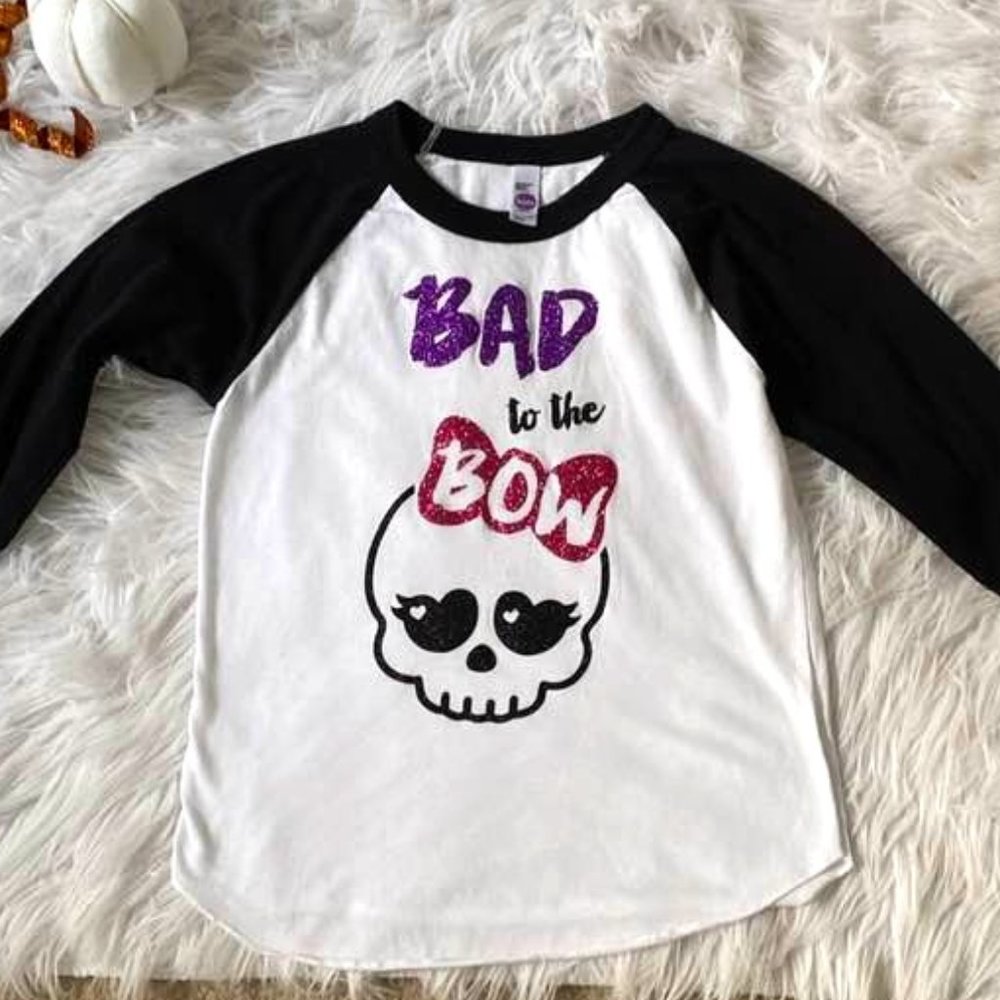 Girls Cheer Halloween Baseball T Shirt Bad To The Bow Glitter Grapic Sz 6